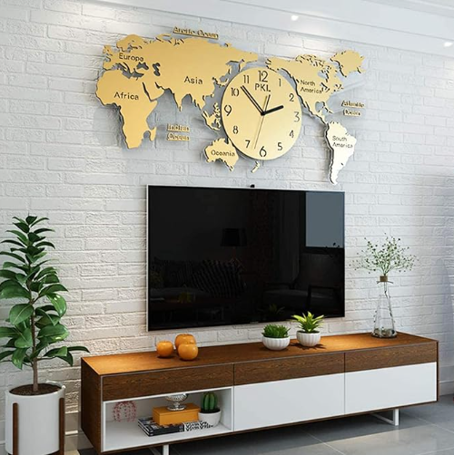 Wall Clock,47in World Map Modern Living Room Large 3D Acrylic Mute World Map Creative for Office Background Wall Living Room,Gold